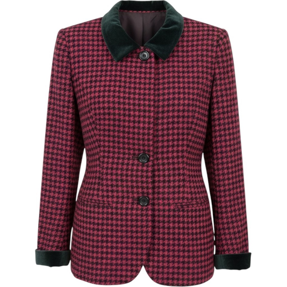 Jones New York Wool Blazer Women 8 Red Houndstooth Velvet Trim Vintage 90s